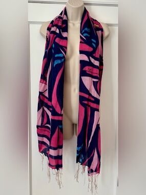 Lilly Pulitzer Murfee Scarf Booze Cruise Pink Navy Silk Cashmere Fringe